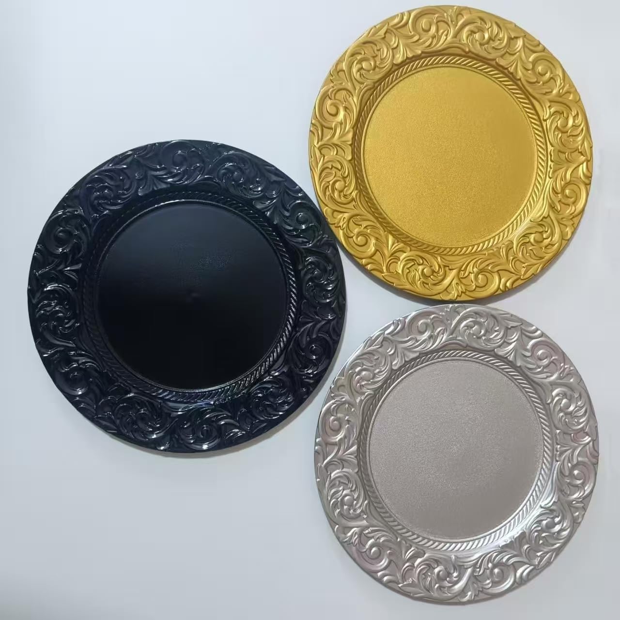 13' Elegant Charger Plate Durable Plastic Dinner Plates Set - 6/50/100 PCS Retro European Style in Gold, Silver, Black & Clear for Wedding, Party, Christmas Table Decoration