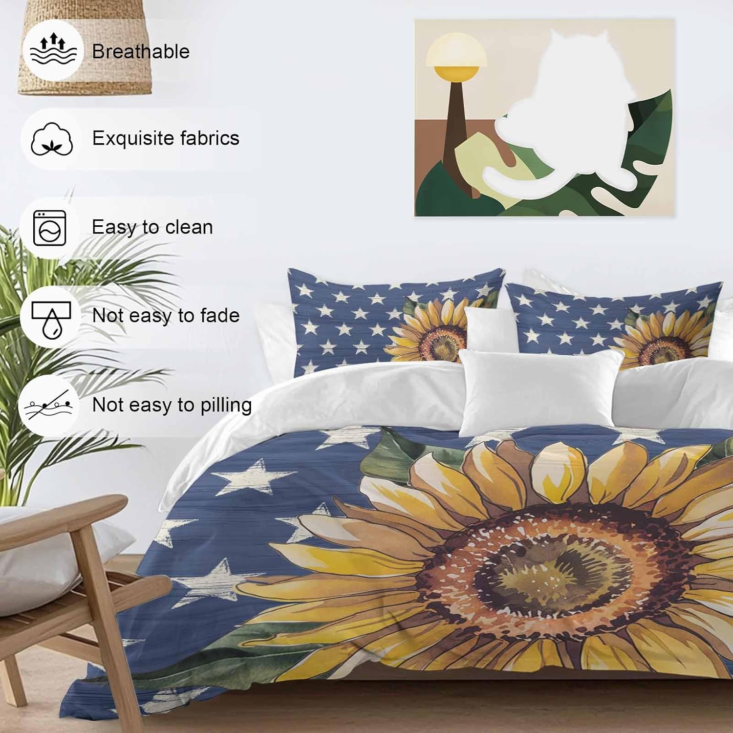 Prime Leader Independence Day Duvet Cover Set Queen Size 4 Pieces Hand Panted Sunflowers Countryside Star Bedding Set with Zipper Closure, 1 Comforter Cover 90x92 Inches 1 Flat Sheet & 2 Pillow Cases