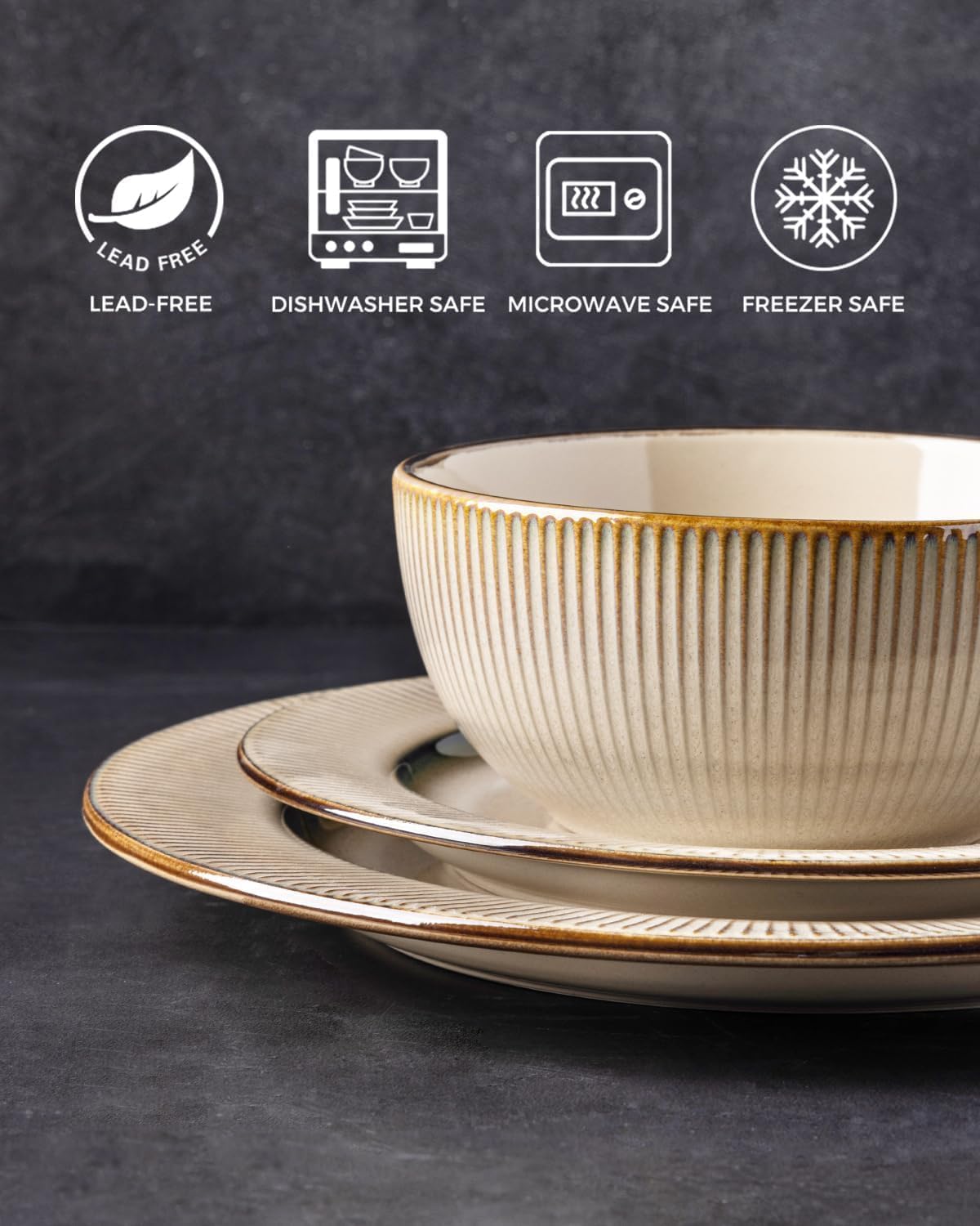 GBHOME Ceramic Dinnerware Sets, 24 pcs Embossed Elegant Stoneware Plates and Bowls Sets, Housewarming Wedding Gift | Dishwasher & Microwave Safe | Dishes Set Service for 8