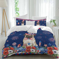 Independence Day Duvet Cover Set Queen Size 4 Pieces Cartoon Pug Dog Cute Puppy Colorful Poppy Bedding Set with Zipper Closure, 1 Comforter Cover 86x86 Inches 1 Flat Sheet & 2 Pillow Cases