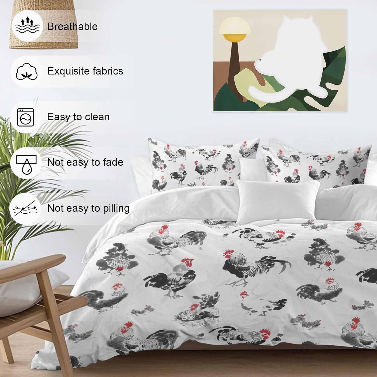 Prime Leader Rooster Hen Duvet Cover Set Queen Size 4 Pieces Watercolor Farm Animal Rustic Black Country Bedding Set with Zipper Closure, 1 Comforter Cover 86x86 Inches 1 Flat Sheet & 2 Pillow Cases