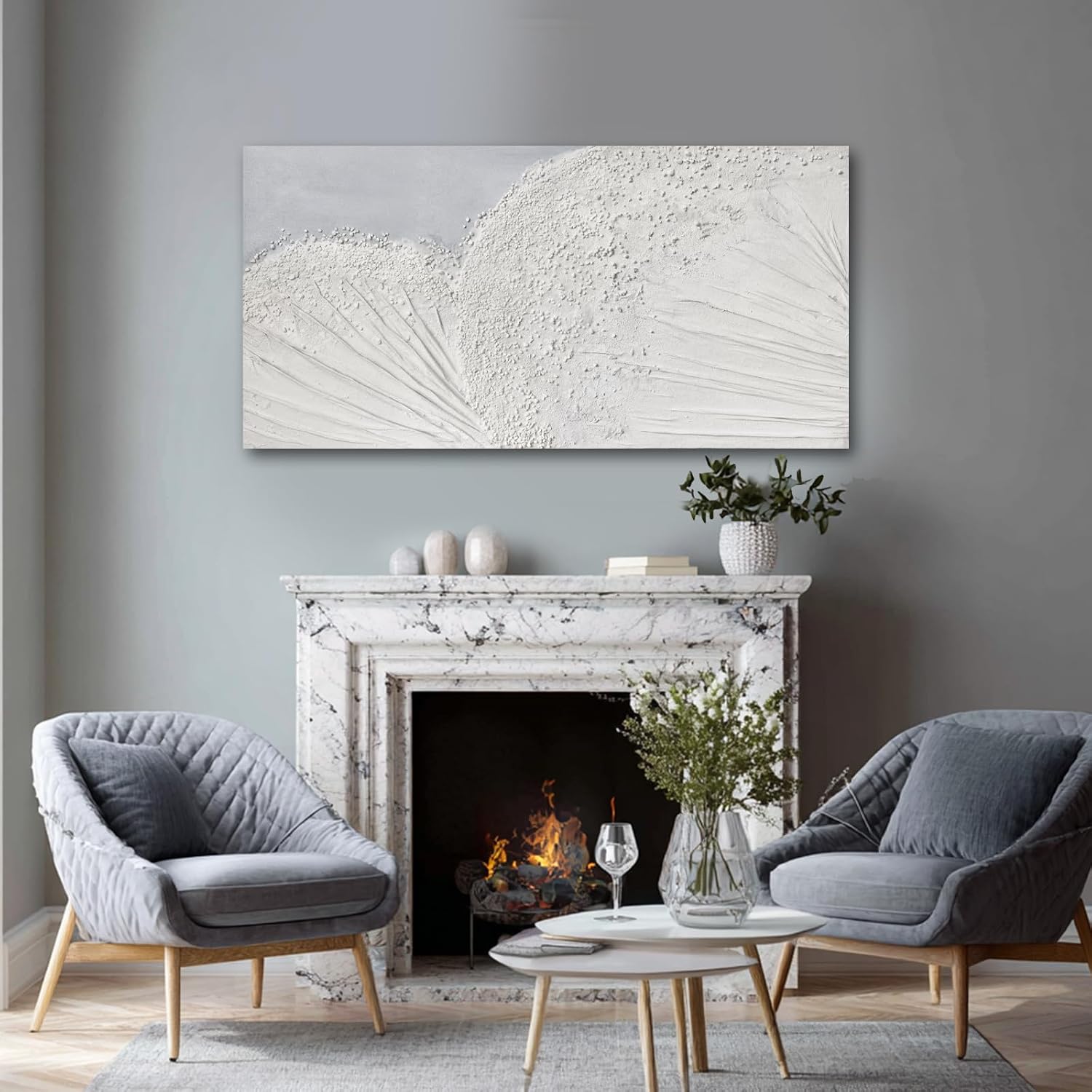 SHEYOYE Textured Wall Art Canvas 24x48 Inch, White Gray Hand Painted Modern Minimalist Neutral Wall Decor, Canvas Wall Art for Living Room Bedroom, Gallery Wrapped Ready to Hang