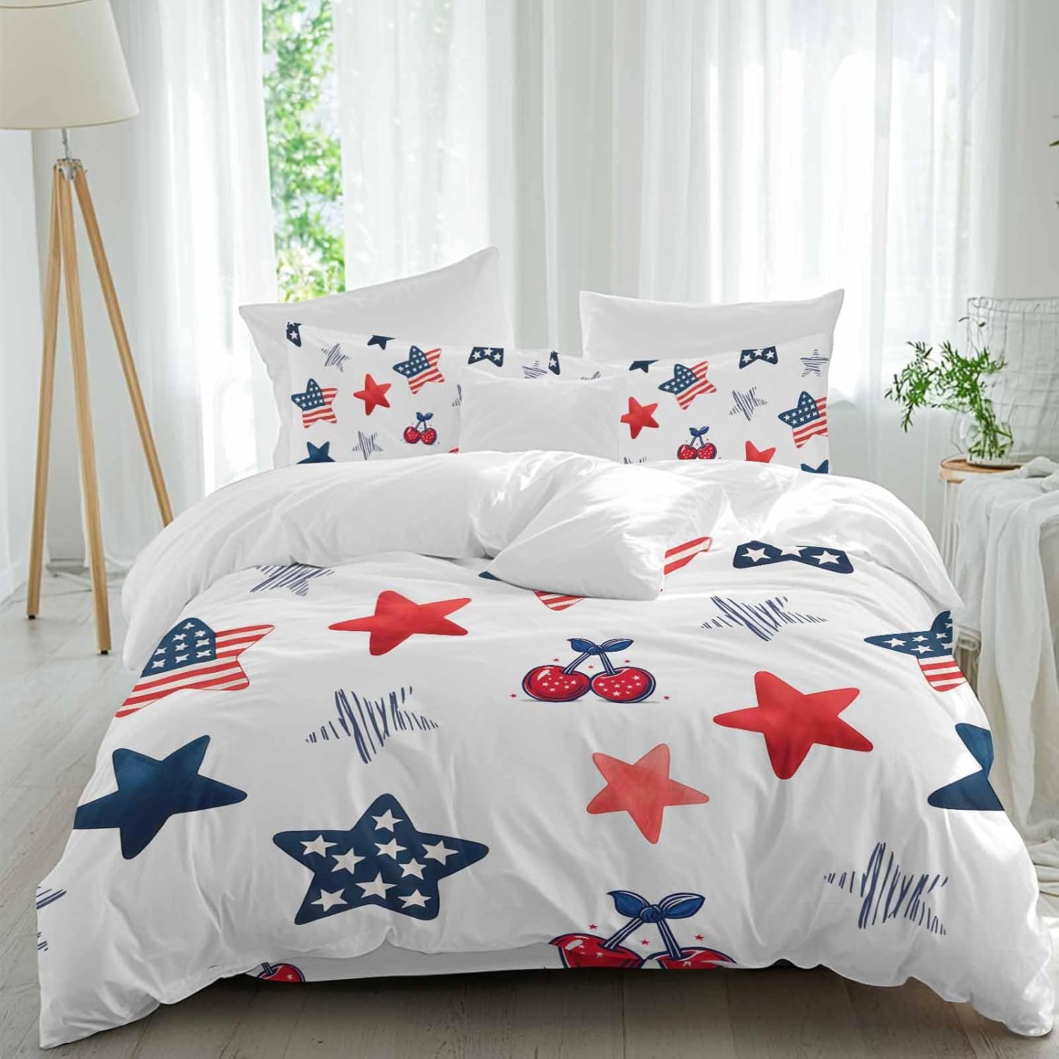 Independence Day Duvet Cover Set Queen Size 4 Pieces Graffiti Five-Pointed Star Cartoon Polka Dot Cherry Bedding Set with Zipper Closure, 1 Comforter Cover 90x92 Inches 1 Flat Sheet & 2 Pillow Cases