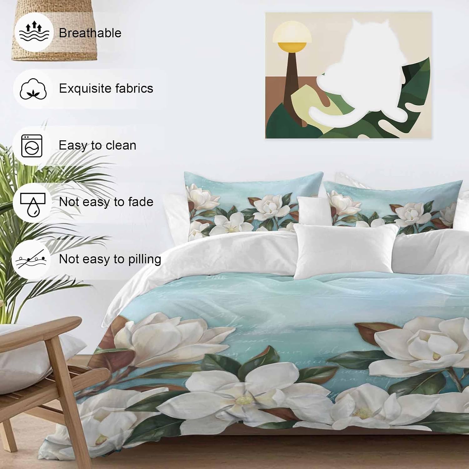 White Floral Duvet Cover Set Queen Size 4 Pieces Spring White Magnolia Vintage Plants Farmhouse Farm Blue Bedding Set with Zipper Closure, 1 Comforter Cover 86x86 Inches 1 Flat Sheet & 2 Pillow Cases