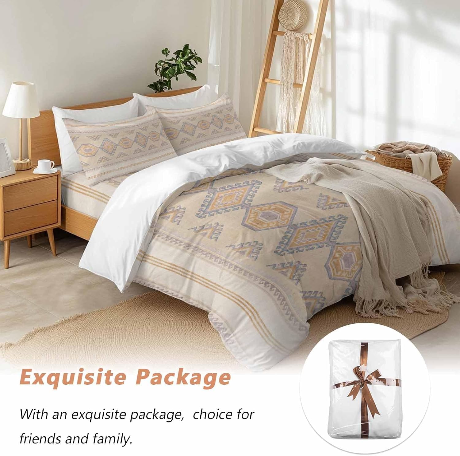 Bohemian Duvet Cover Set Queen Size 4 Pieces Traditional Ethic Pattern Colorful Stripes Geometric Bedding Set with Zipper Closure, 1 Comforter Cover 92x106 Inches 1 Flat Sheet & 2 Pillow Cases