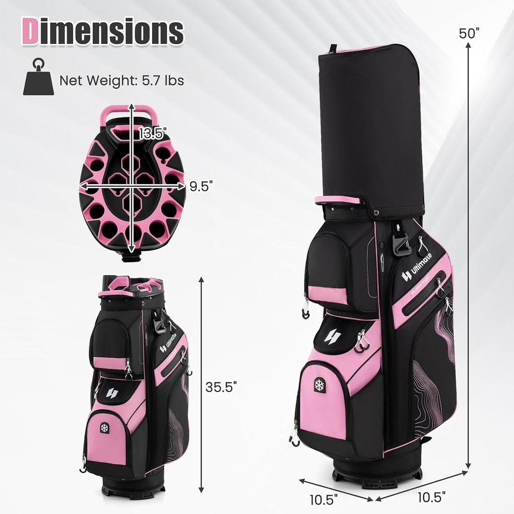 ULTIMATE 14-Way Golf Cart Bag, Golf Bag w/Molded Lock Top & Full Length Dividers, Portable Golf Club Bag w/11 Pockets, Cooler Bag, Padded Strap & Rain Hood for Men Women