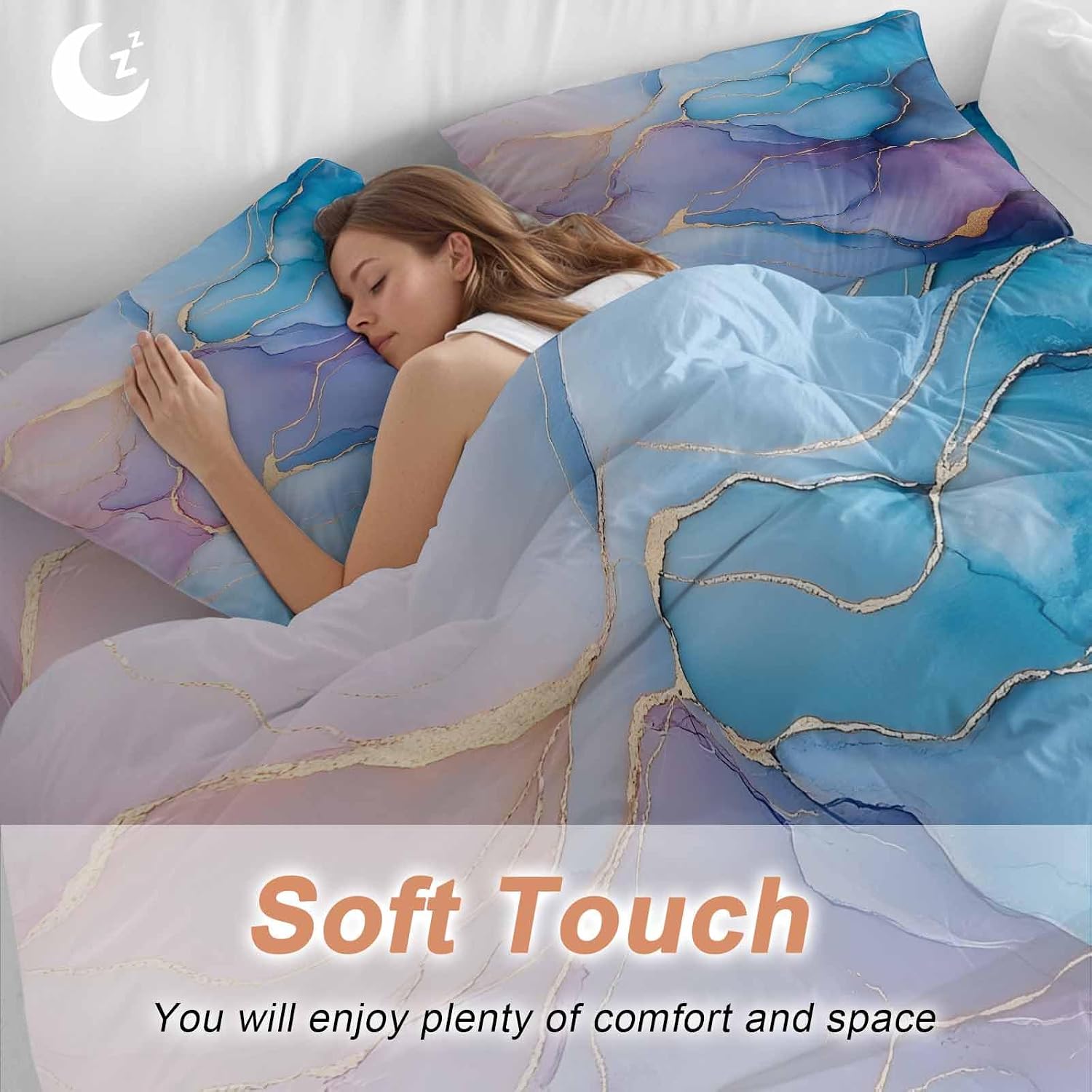 Prime Leader Abstract Impressionist Duvet Cover Set Queen Size 4 Pieces Blue Marble Texture Bedding Set with Zipper Closure, 1 Comforter Cover 90x92 Inches 1 Flat Sheet & 2 Pillow Cases