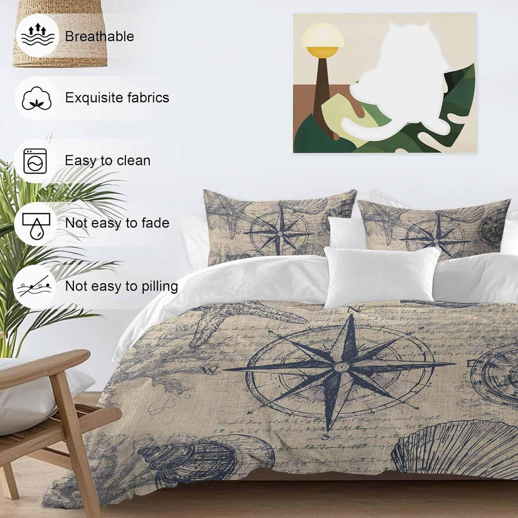 Vintage Nautical Duvet Cover Set Queen Size 4 Pieces Summer Navy Blue Compass Shell Starfish Brown Bedding Set with Zipper Closure, 1 Comforter Cover 86x86 Inches 1 Flat Sheet & 2 Pillow Cases
