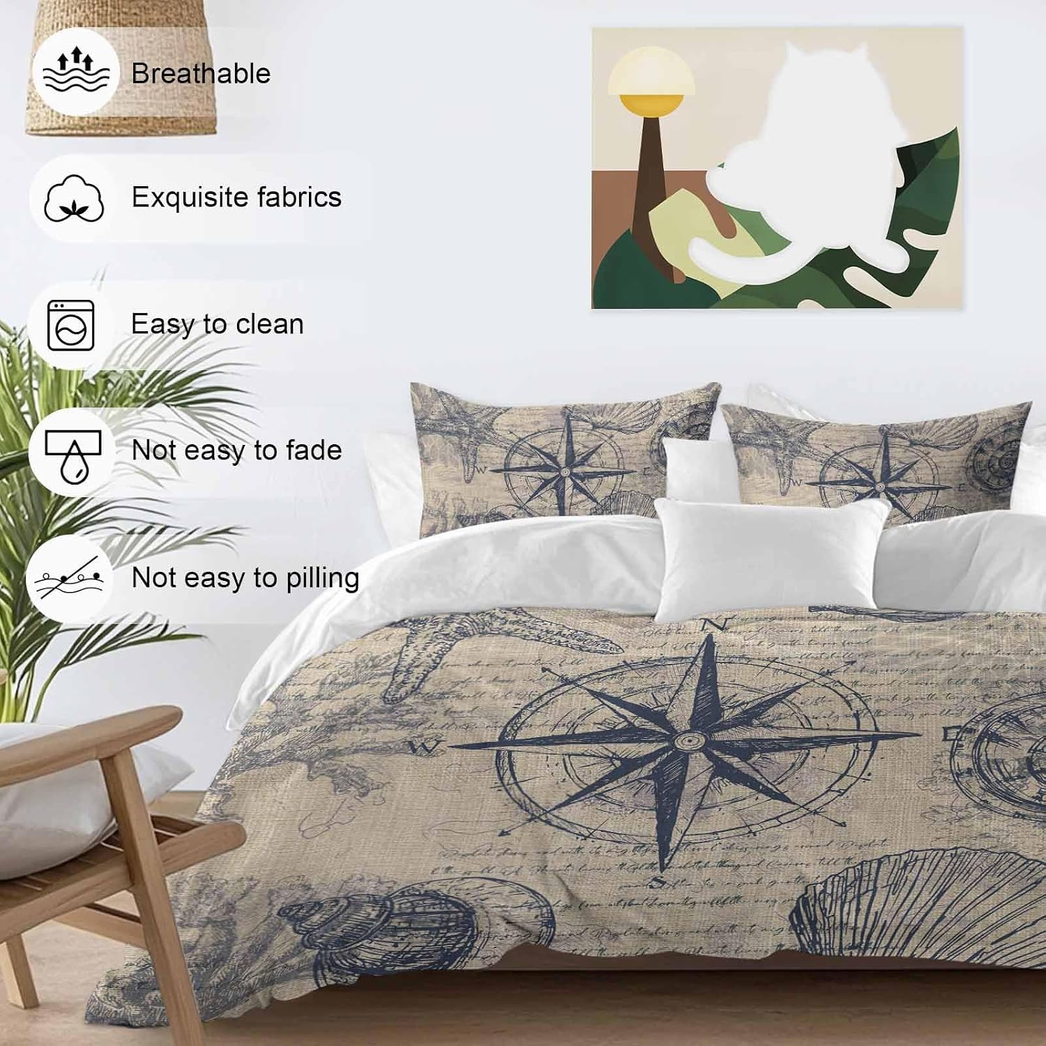 Vintage Nautical Duvet Cover Set Queen Size 4 Pieces Summer Navy Blue Compass Shell Starfish Brown Bedding Set with Zipper Closure, 1 Comforter Cover 86x86 Inches 1 Flat Sheet & 2 Pillow Cases