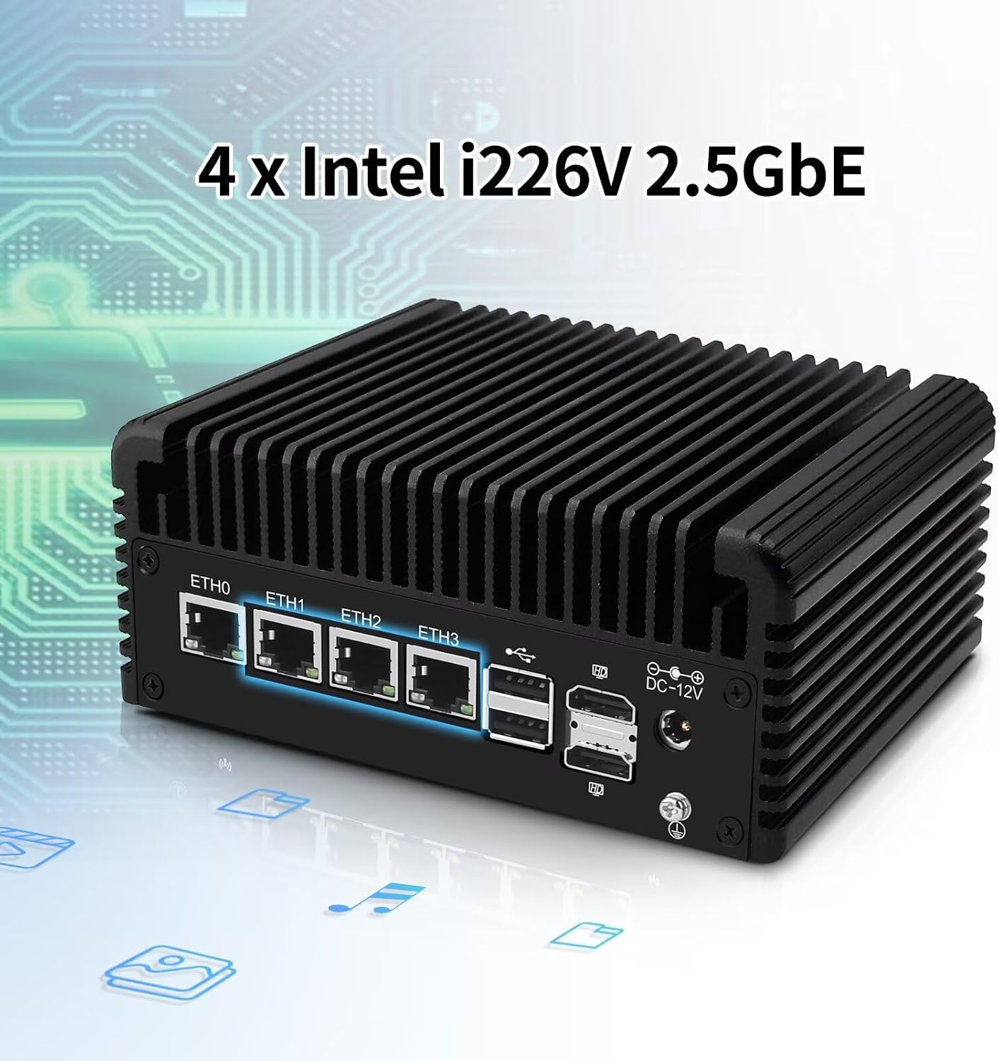 Firewall Appliance Mini PC 2.5GBe, N100 Fanless Firewall Router Micro Computer Quad Core,DDR5 8GB RAM 128GB SSD, 4X 2.5Gbe Lan/AES-NI/OPNsense/USBC/2HD/DP/TF/6USB/,Three Screen Display