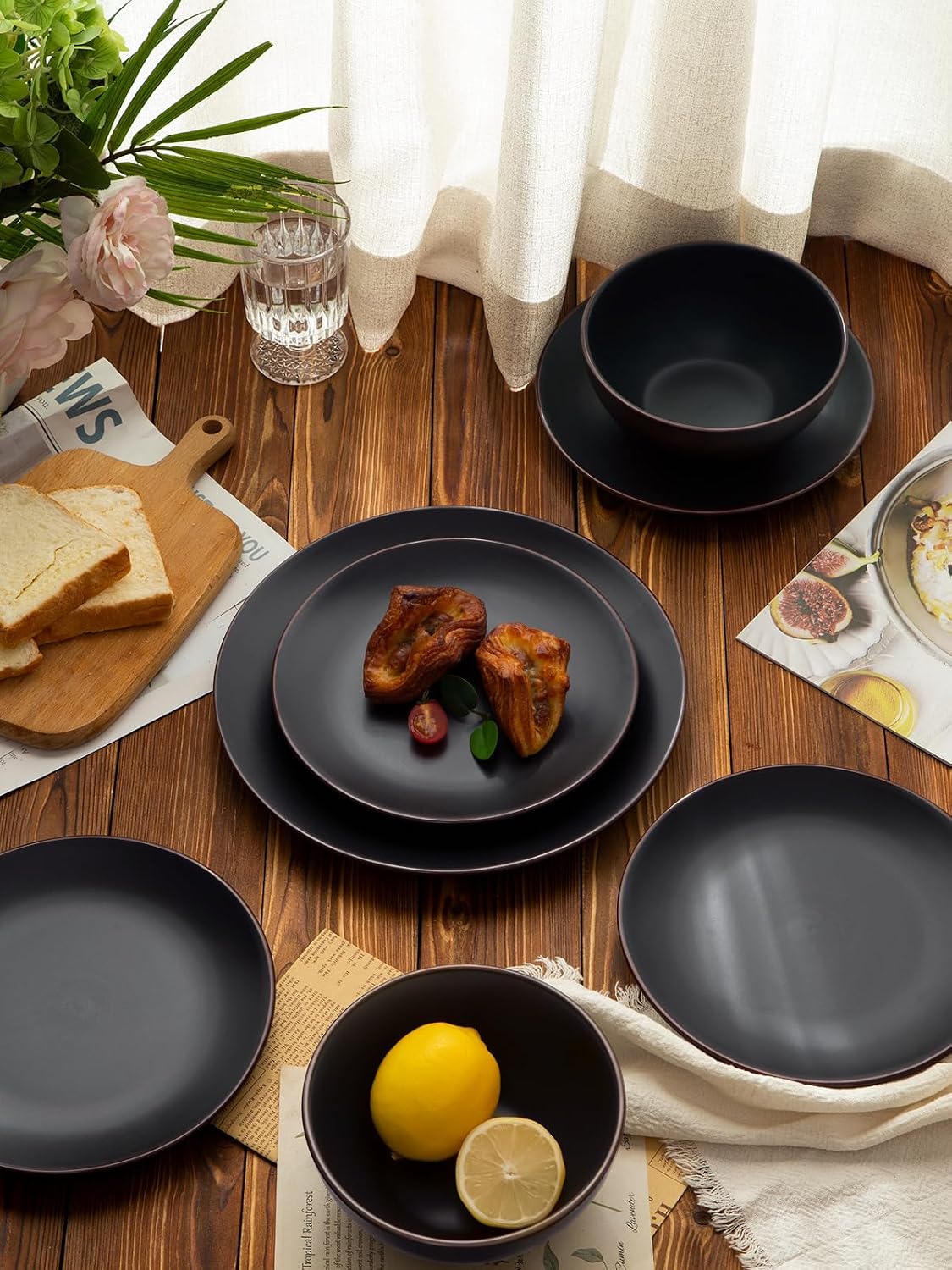 Famiware Venus Plates and Bowls Sets with Trim, 24 Pieces Stoneware Dinnerware Set for 8, Matte Black - Microwave/Dishwasher Safe, Modern Minimalist, Chip‑Resistant Dishes for Everyday & Formal Dining