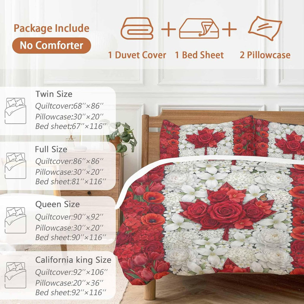 Prime Leader Floral Duvet Cover Set Queen Size 4 Pieces Watercolor White Red Flowers Canada Flag Style Bedding Set with Zipper Closure, 1 Comforter Cover 90x92 Inches 1 Flat Sheet & 2 Pillow Cases