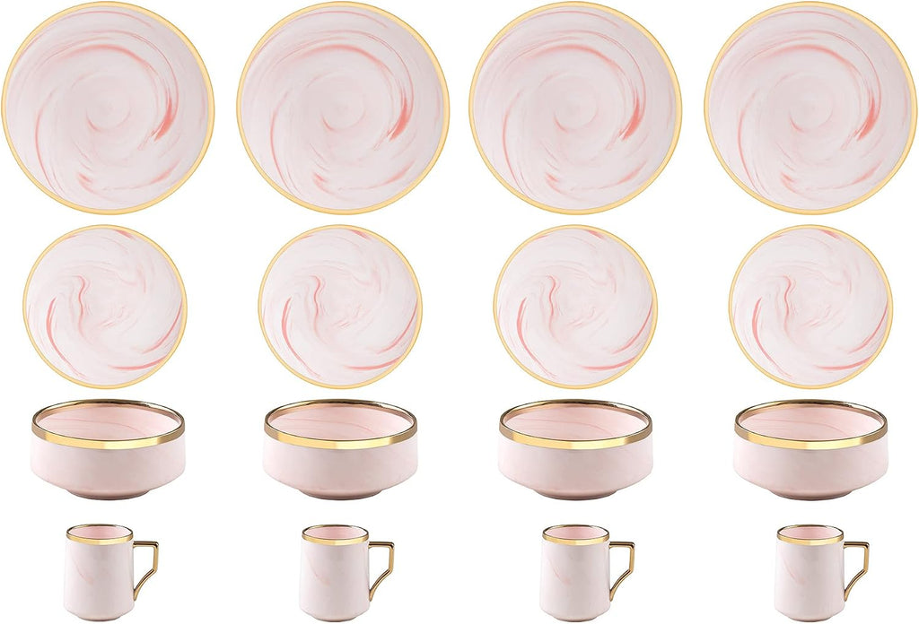 16 Piece Plates and Bowls Sets, Fine China Artisan Marbled Dinner Set for 4, Dishwasher Safe, Scratch Resistant, Pink with Gold Line