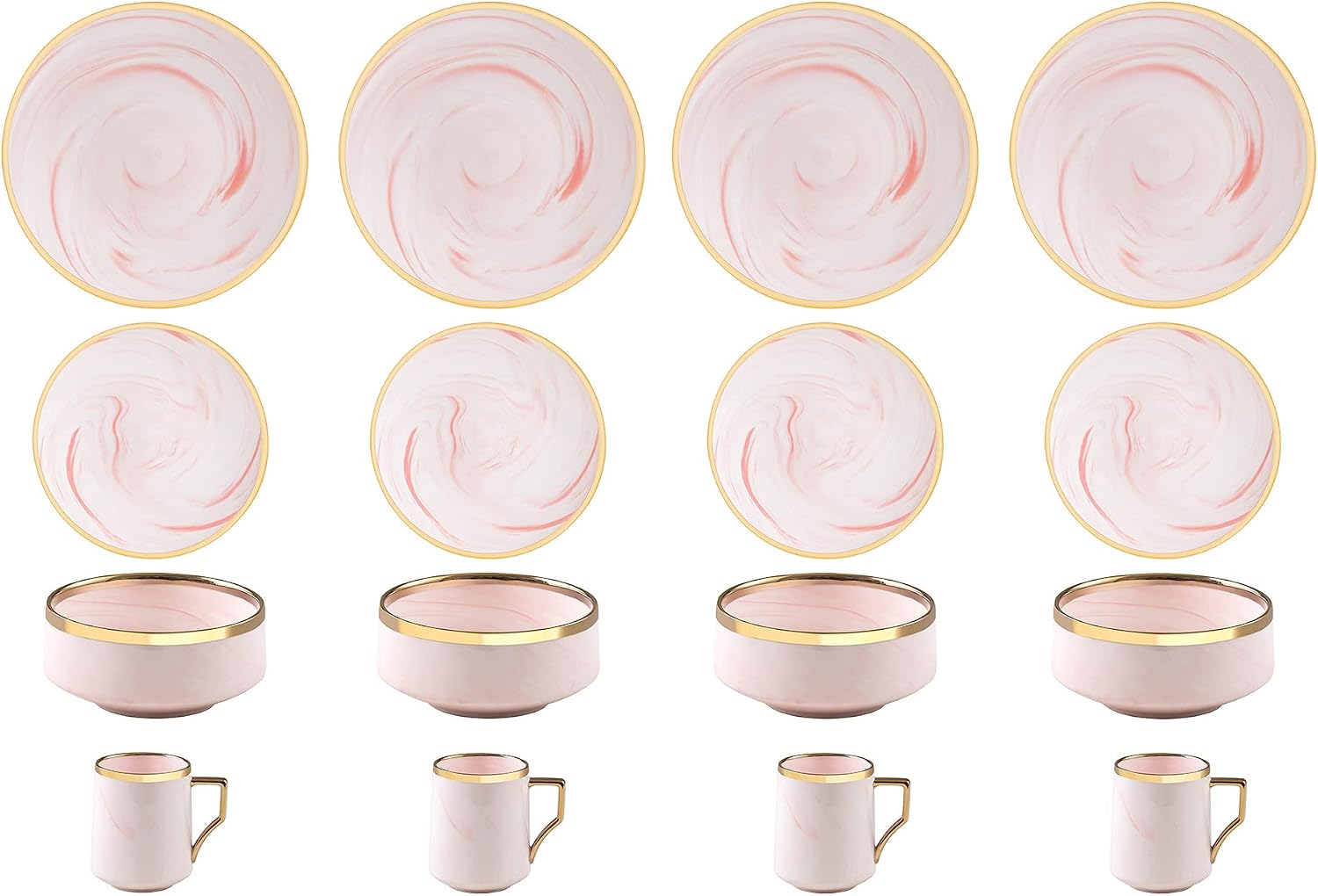16 Piece Plates and Bowls Sets, Fine China Artisan Marbled Dinner Set for 4, Dishwasher Safe, Scratch Resistant, Pink with Gold Line