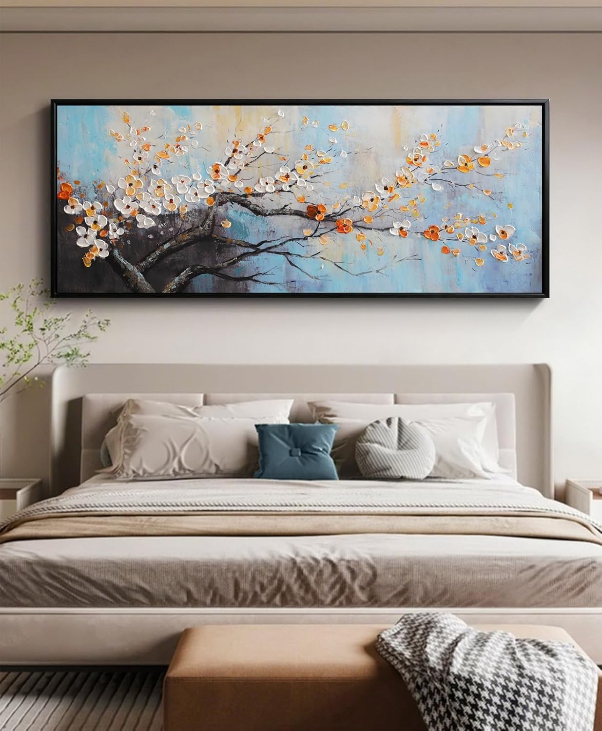 Hand-Painted Plum Blossom Wall Art for Living Room, Large 3D Texture Floral Canvas Oil Painting for Bedroom, Modern Black Framed Artwork for Above Sofa Office Kitchen Ready to Hang 24x56 Inches