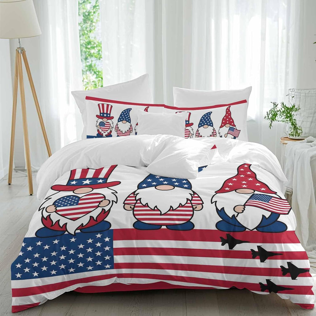 Independence Day Duvet Cover Set Queen Size 4 Pieces Cute Gnome with American Flag Hat Red White Stripes Bedding Set with Zipper Closure, 1 Comforter Cover 86x86 Inches 1 Flat Sheet & 2 Pillow Cases