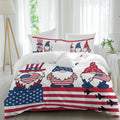 Independence Day Duvet Cover Set Queen Size 4 Pieces Cute Gnome with American Flag Hat Red White Stripes Bedding Set with Zipper Closure, 1 Comforter Cover 90x92 Inches 1 Flat Sheet & 2 Pillow Cases