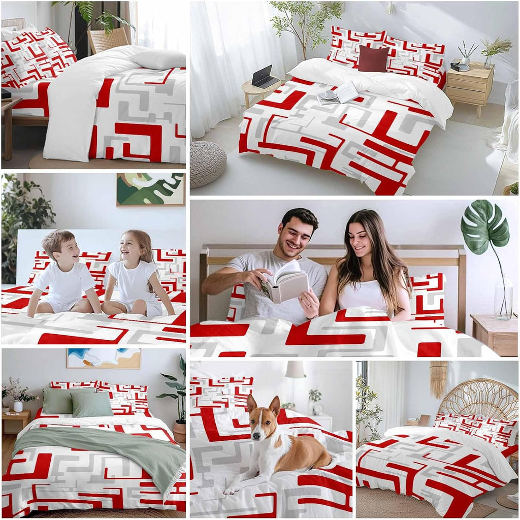Prime Leader Red Gray Geometric Stripes Duvet Cover Set Queen Size 4 Pieces Modern Abstract Lines Maze Bedding Set with Zipper Closure, 1 Comforter Cover 90x92 Inches 1 Flat Sheet & 2 Pillow Cases