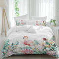 Pastoral Duvet Cover Set Queen Size 4 Pieces Watercolors Green Tropical Floral Plants Flaming Birds Bedding Set with Zipper Closure, 1 Comforter Cover 90x92 Inches 1 Flat Sheet & 2 Pillow Cases