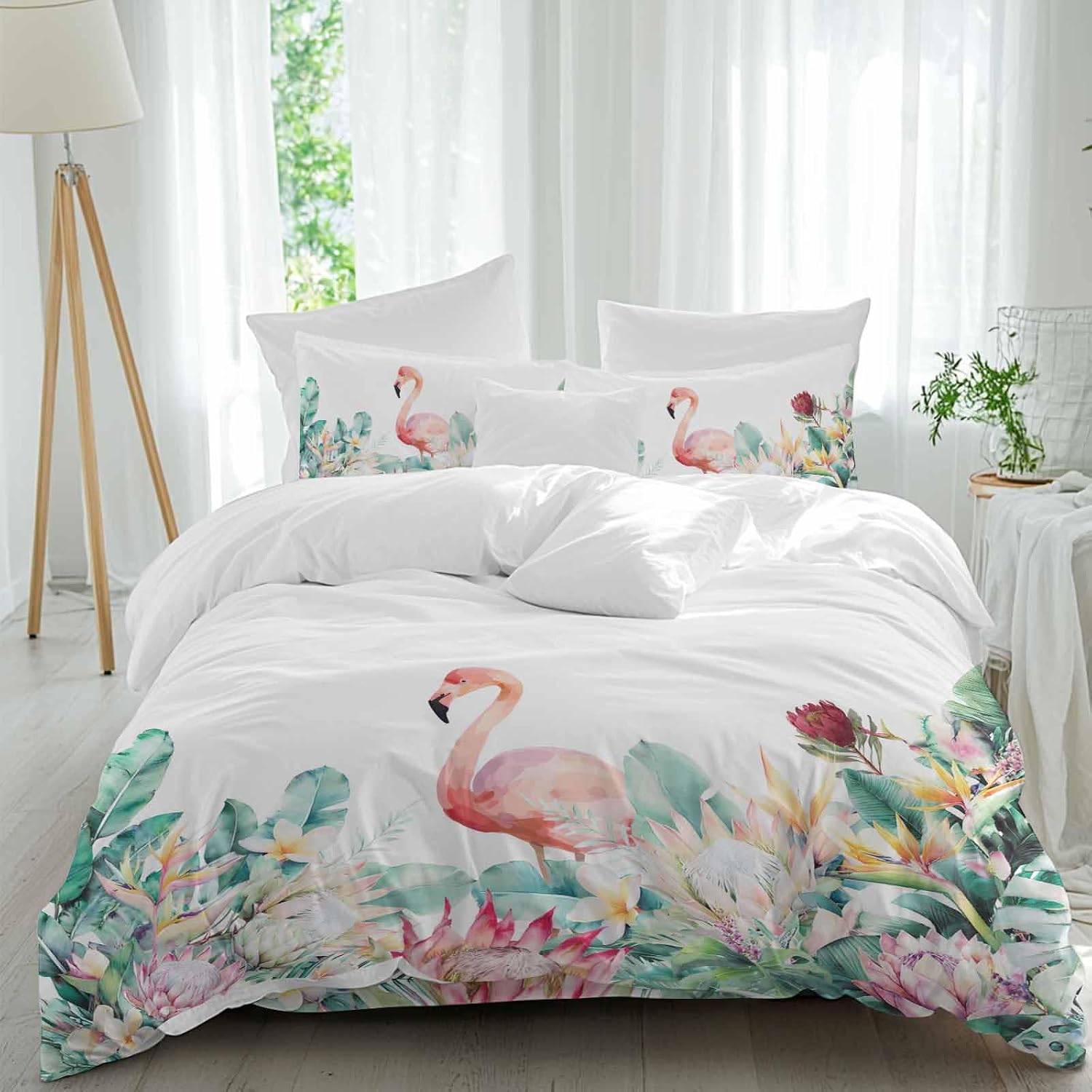 Pastoral Duvet Cover Set Queen Size 4 Pieces Watercolors Green Tropical Floral Plants Flaming Birds Bedding Set with Zipper Closure, 1 Comforter Cover 90x92 Inches 1 Flat Sheet & 2 Pillow Cases