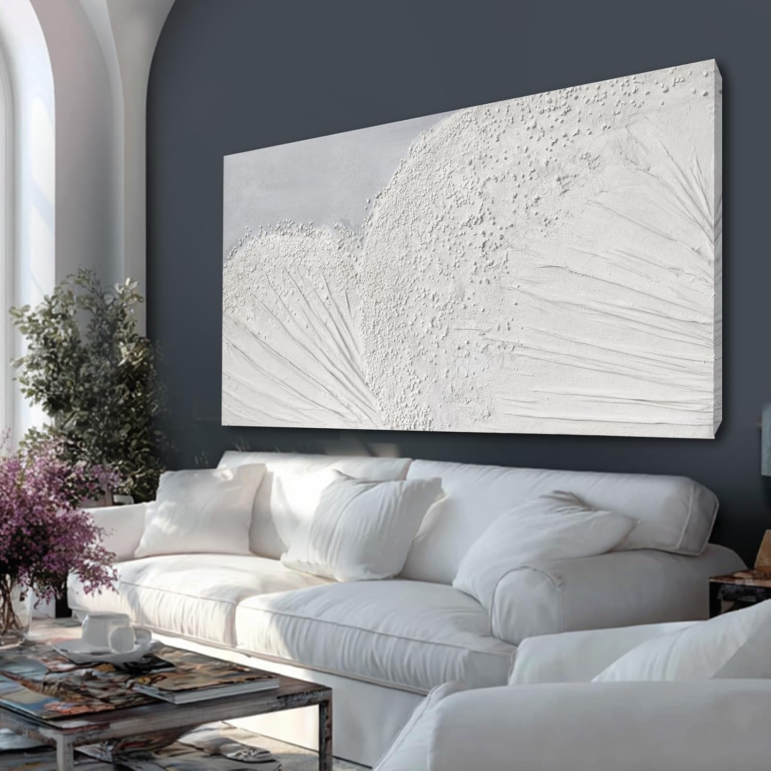 SHEYOYE Textured Wall Art Canvas 24x48 Inch, White Gray Hand Painted Modern Minimalist Neutral Wall Decor, Canvas Wall Art for Living Room Bedroom, Gallery Wrapped Ready to Hang