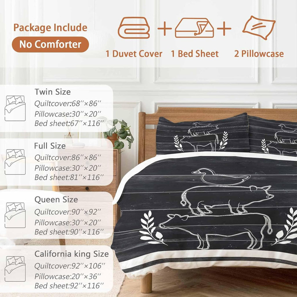 Farm Animals Duvet Cover Set Queen Size 4 Pieces Farmhouse Black Gray Cow Pig Duck Black Wood Grain Bedding Set with Zipper Closure, 1 Comforter Cover 86x86 Inches 1 Flat Sheet & 2 Pillow Cases