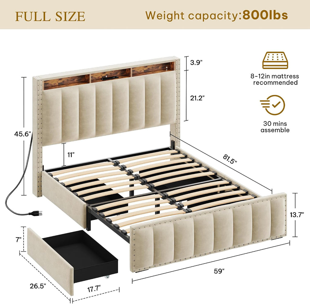 YITAHOME Full Size Bed Frame with 4 Storage Drawers and RGB LED Lights, Velvet Upholstered Platform Bed with Charging Station and Storage Headboard, No Box Spring Needed, Easy Assembly, Beige