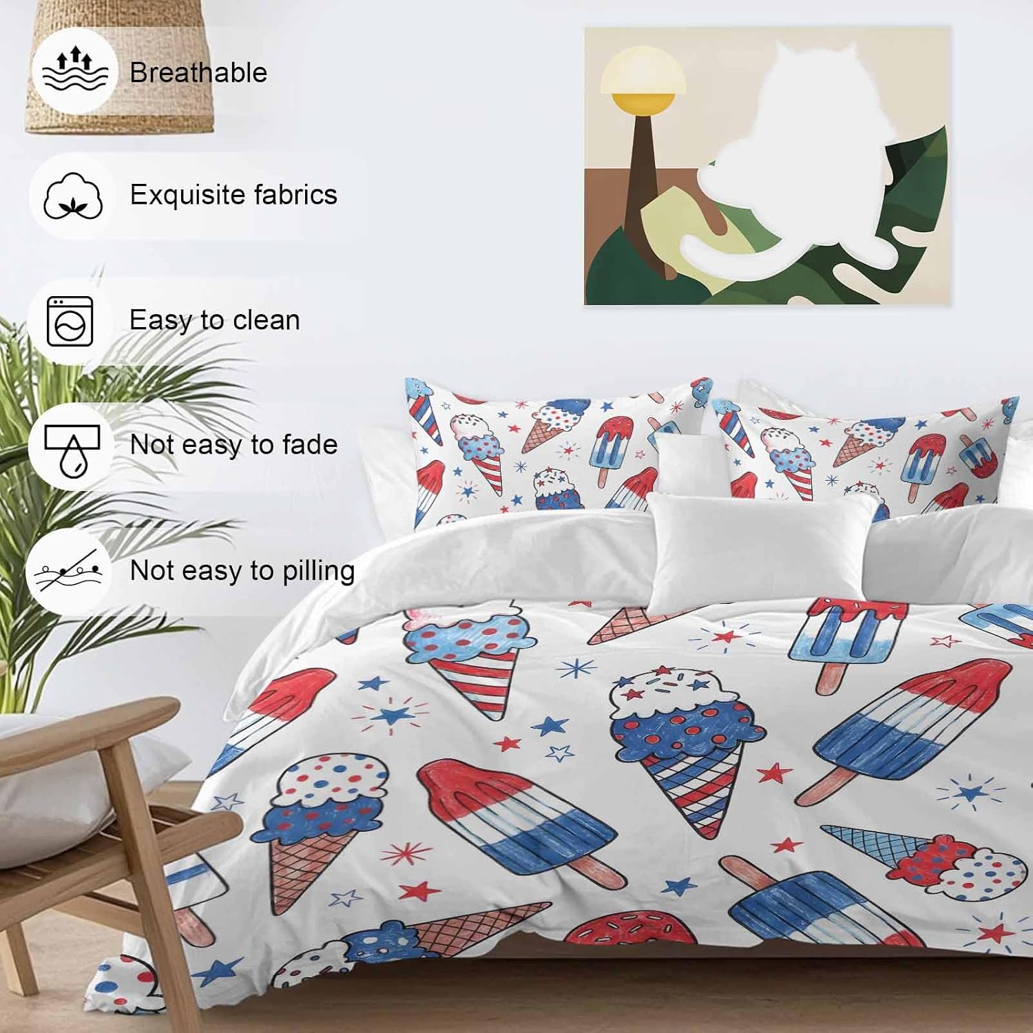 Prime Leader Red Blue Ice Cream Duvet Cover Set Queen Size 4 Pieces Independence Day Watercolor Ice Cream Bedding Set with Zipper Closure, 1 Comforter Cover 90x92 Inches 1 Flat Sheet & 2 Pillow Cases