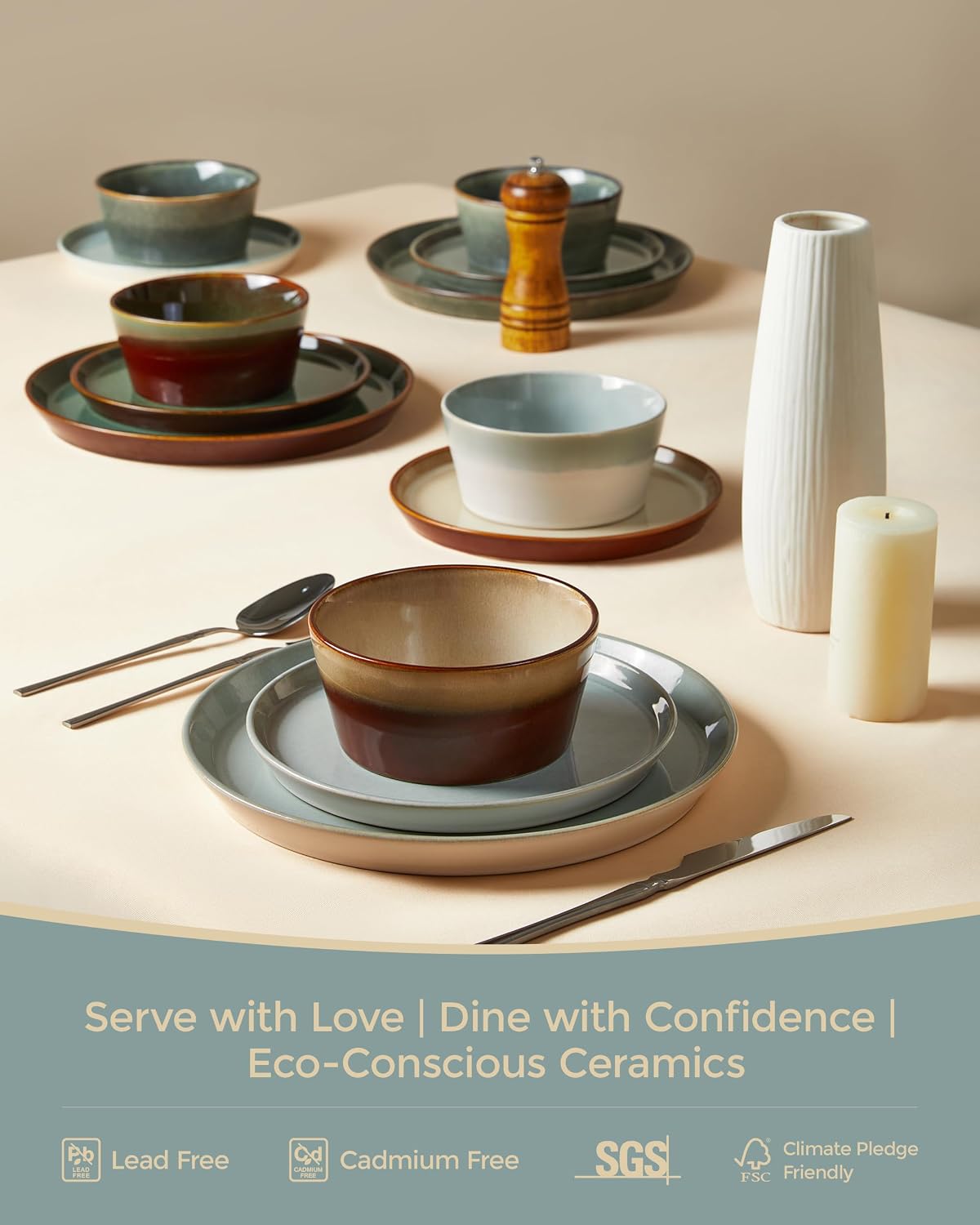 Pokini Dinnerware Sets for 8, Ceramic Plates and Bowls Set, Modern Artisan Dish Set, Microwave & Dishwasher Safe Dishware Set, Chip & Scratch Resistant Dinner Sets, Gradient Green
