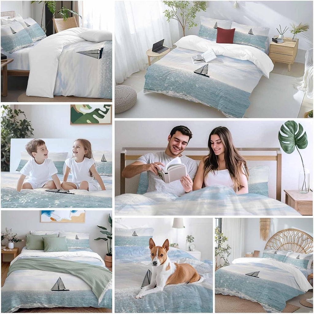 Nature Seascape Duvet Cover Set Queen Size 4 Pieces Sailboats Blue Waves Cloud Sky Ocean Surface Bedding Set with Zipper Closure, 1 Comforter Cover 90x92 Inches 1 Flat Sheet & 2 Pillow Cases
