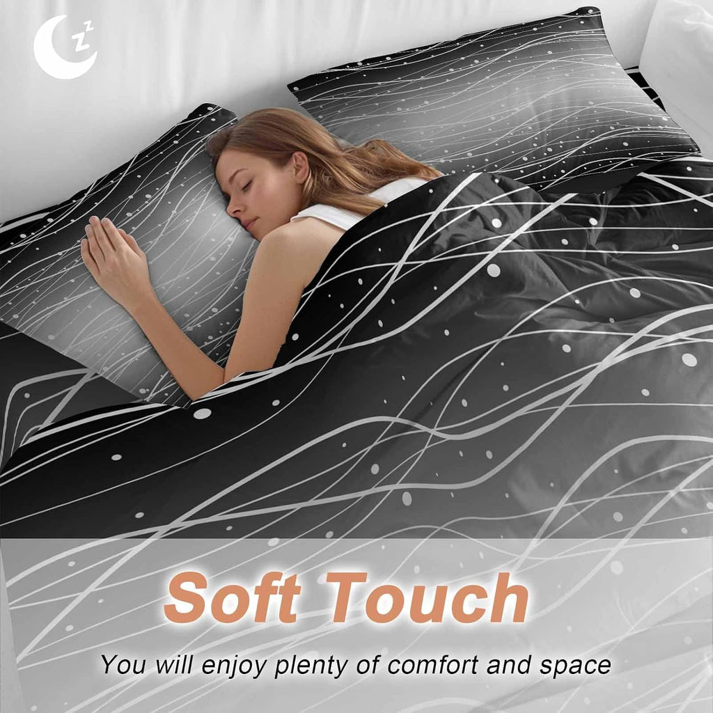 Gradient Black White Duvet Cover Set Queen Size 4 Pieces Wave Line Dots Modern Abstract Simple Bedding Set with Zipper Closure, 1 Comforter Cover 92x106 Inches 1 Flat Sheet & 2 Pillow Cases