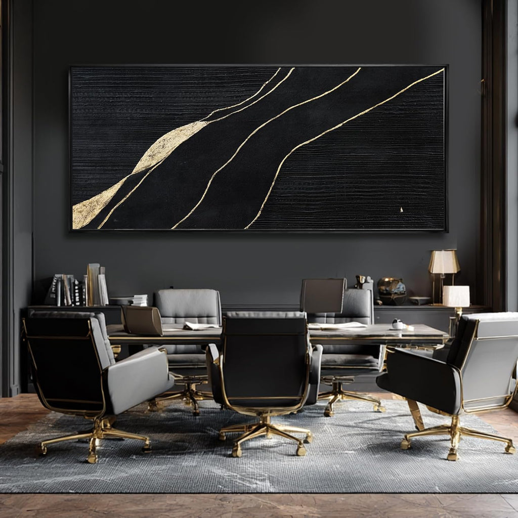 Green Hand-painted Abstract Canvas Wall Art, 32x70 Inch Black Framed Horizontal Artwork with Layered Green Tones for Living Room Decor