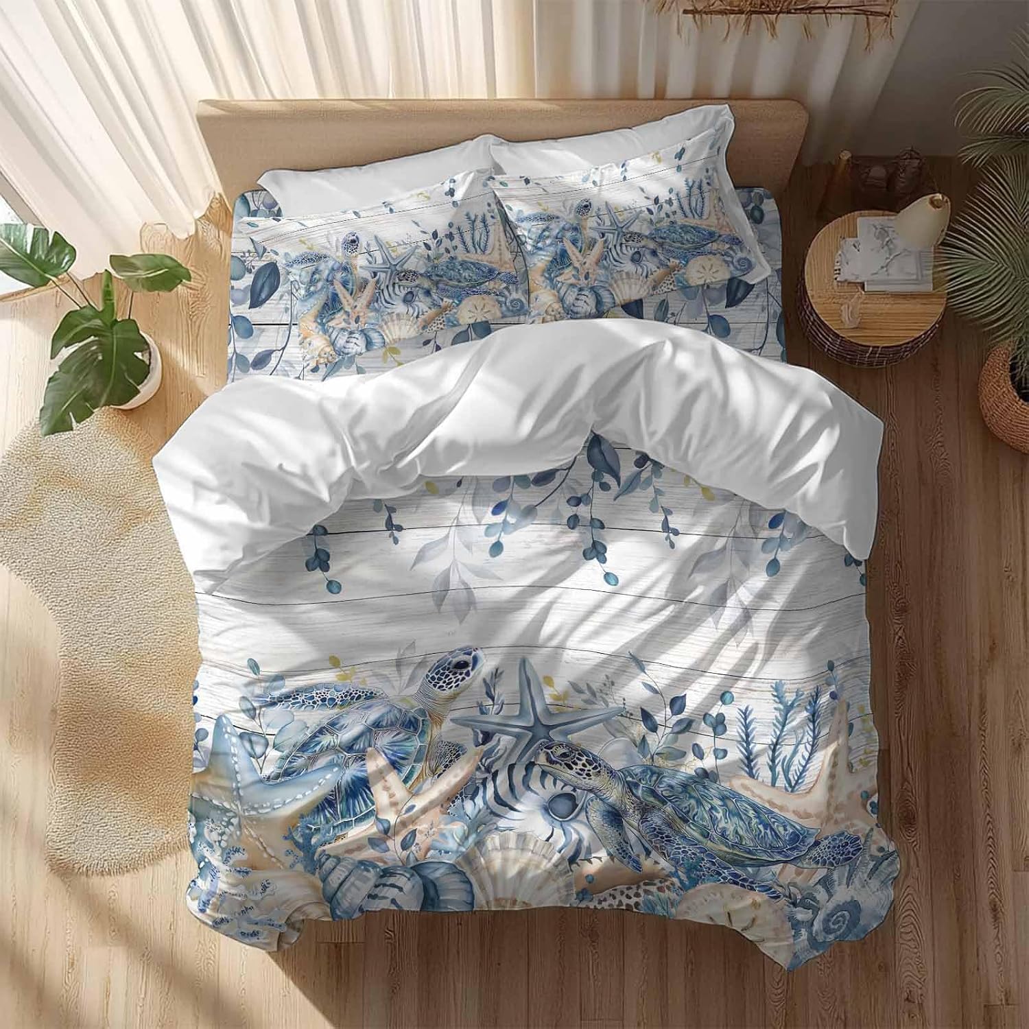 Prime Leader Ocean Turtle Duvet Cover Set Queen Size 4 Pieces Retro Sea Stars Shells Blue Leaf Wood Grain Bedding Set with Zipper Closure, 1 Comforter Cover 90x92 Inches 1 Flat Sheet & 2 Pillow Cases
