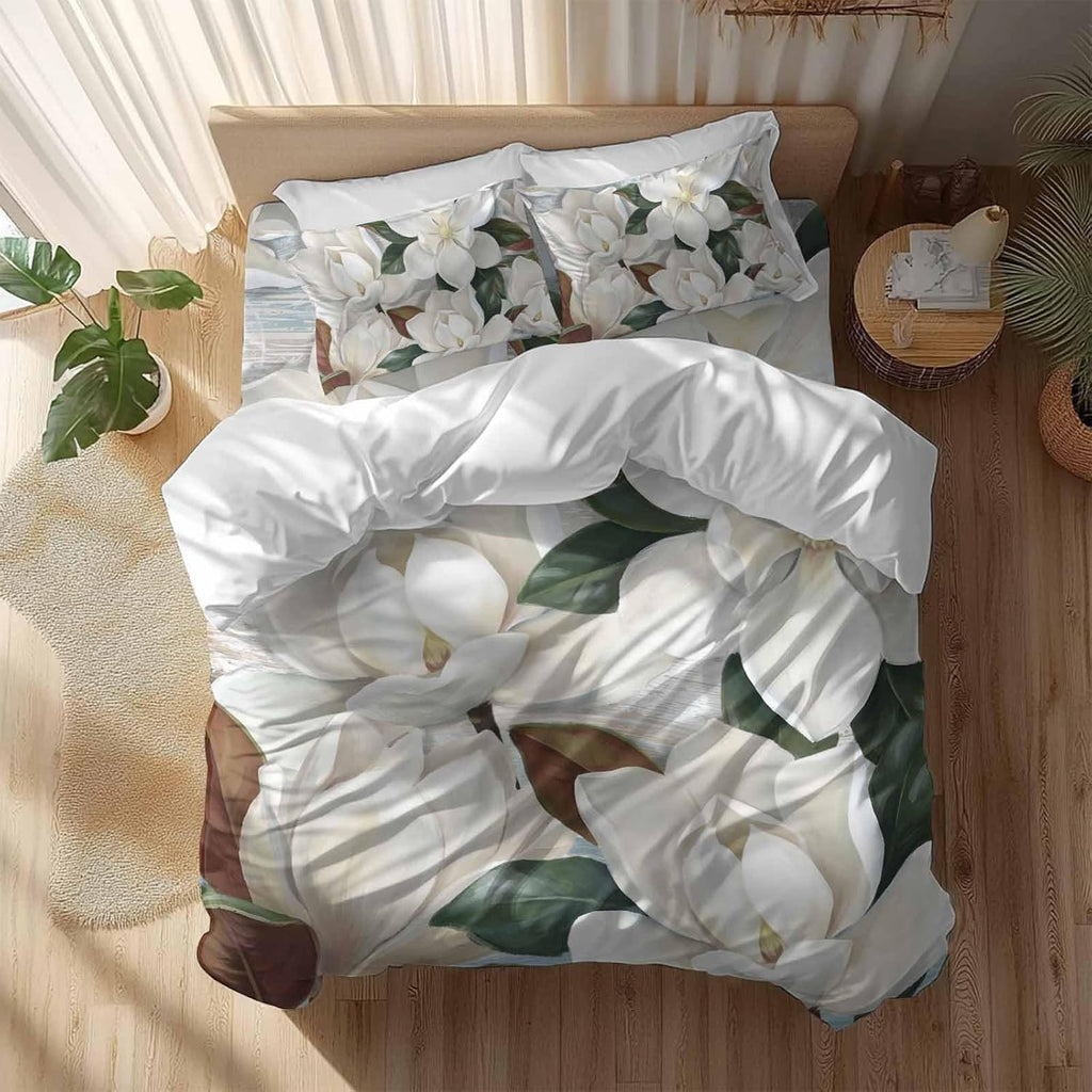 White Floral Duvet Cover Set Queen Size 4 Pieces Spring White Magnolia Vintage Plants Farmhouse Rustic Bedding Set with Zipper Closure, 1 Comforter Cover 90x92 Inches 1 Flat Sheet & 2 Pillow Cases