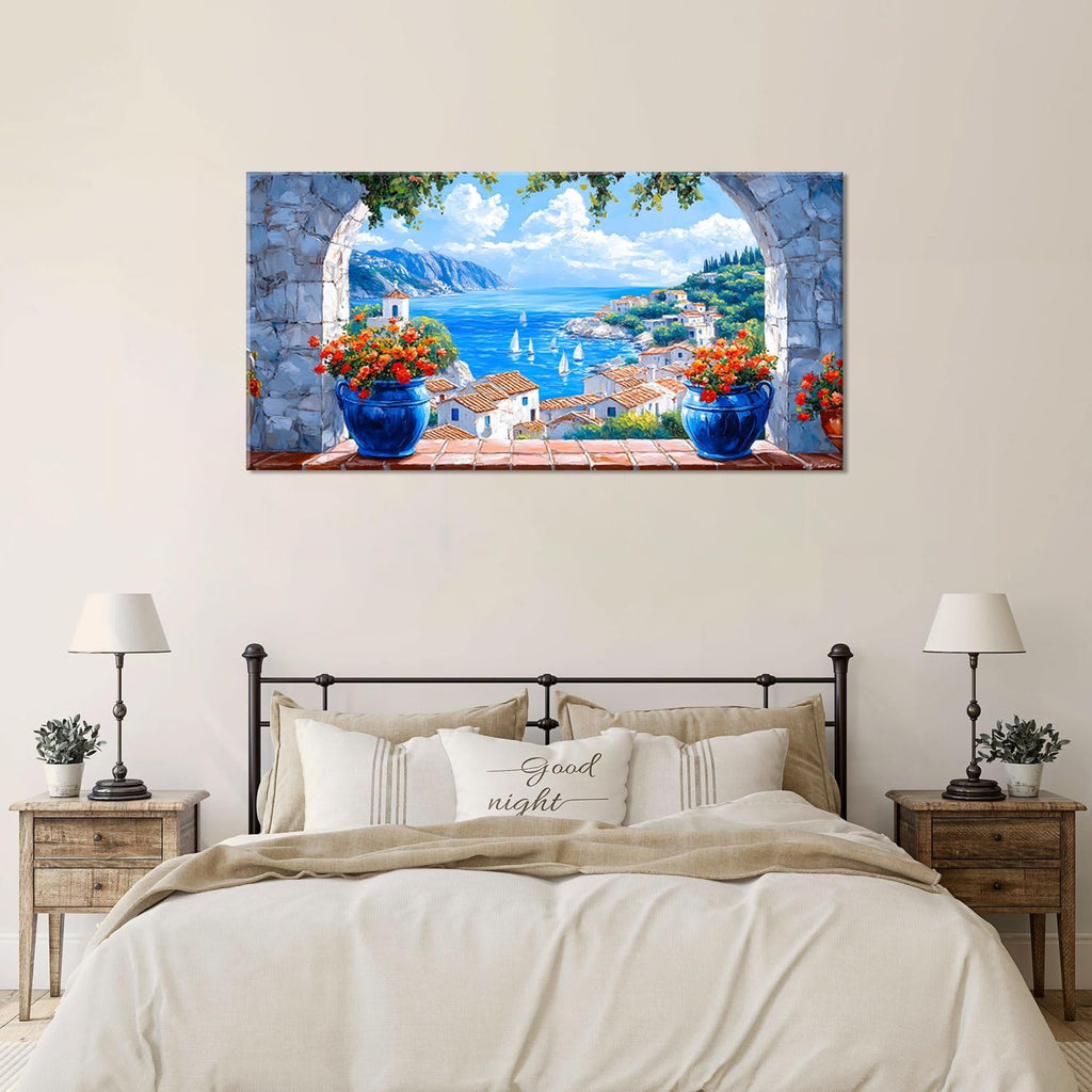 LAVIKARS Seascape Wall Art Navy blue Oil Painting Reproduction Print Modern window view Canvas Paintings Artwork Landscape Picture for Living Room Bedroom Home Kitchen Decor (28x58inch)