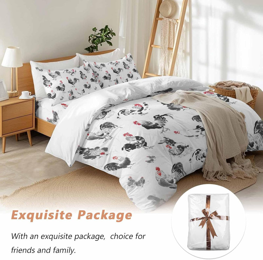 Prime Leader Rooster Hen Duvet Cover Set Queen Size 4 Pieces Watercolor Farm Animal Rustic Black Country Bedding Set with Zipper Closure, 1 Comforter Cover 86x86 Inches 1 Flat Sheet & 2 Pillow Cases