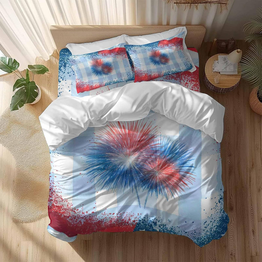 Independence Day Firework Duvet Cover Set Queen Size 4 Pieces 4th of July American Flag Blue Plaid Bedding Set with Zipper Closure, 1 Comforter Cover 86x86 Inches 1 Flat Sheet & 2 Pillow Cases