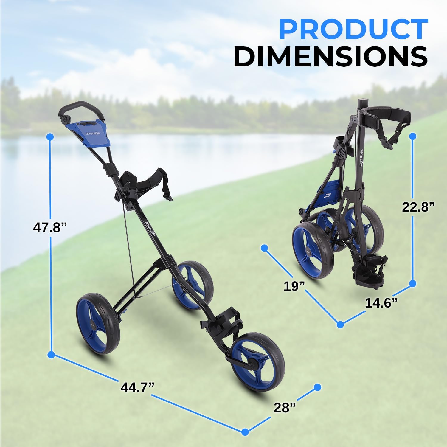 SereneLife Golf Push Pull Cart – Lightweight, Foldable, Bag Holder with Adjustable Handle, Caddy Accessories, Compact Folding Golf Trolley for Travel