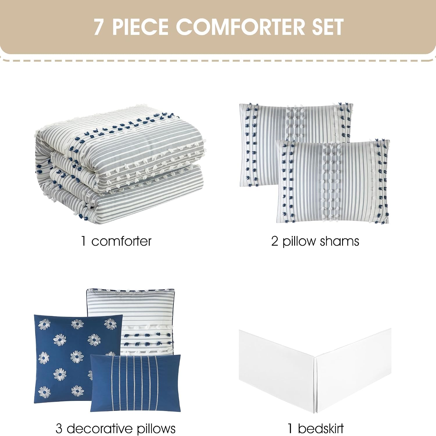 Stratford Park Blue Striped Dots Comforters Queen Size Set, 7 Piece, Jaquard & Clip Ultra Soft, Premium Microfiber, Bedskirt, Pillows & Shams, All Season Bedding Set