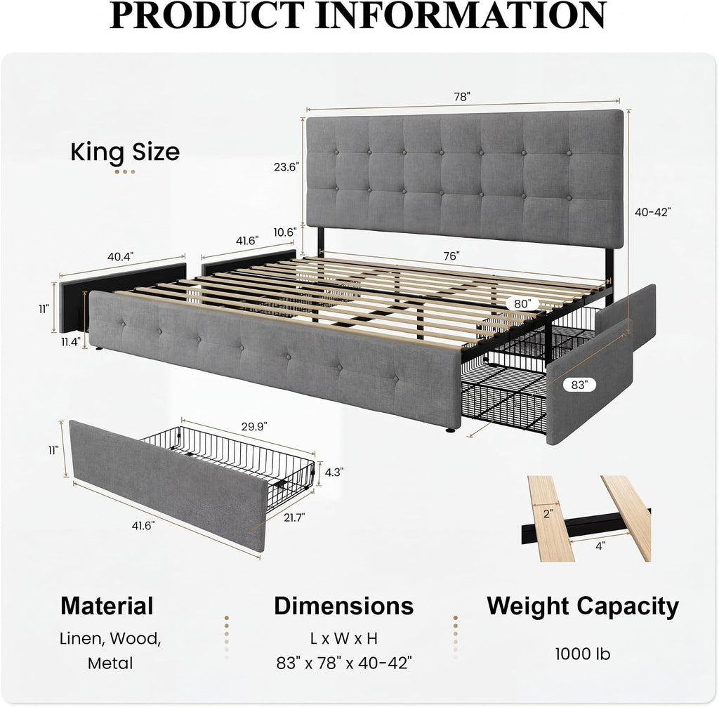 SHA CERLIN Upholstered King Size Platform Bed Frame with 4 Storage Drawers, Adjustable Headboard with Square Stitched Button Tufted Design, Wooden Slat Support, No Box Spring Needed, Light Grey