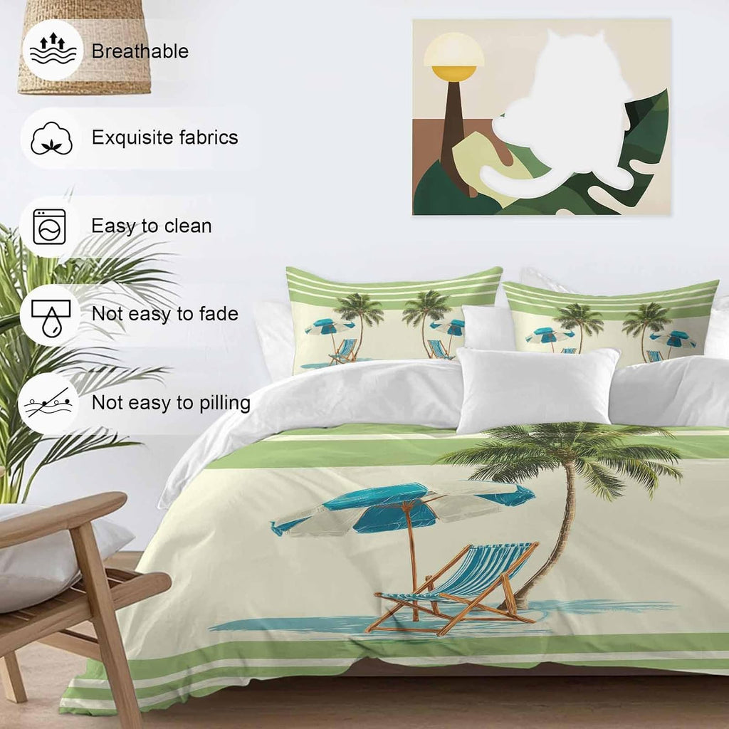 Summer Duvet Cover Set Queen Size 4 Pieces Beach Scene Sun Umbrella Palm Trees Green Yellow Stripe Bedding Set with Zipper Closure, 1 Comforter Cover 90x92 Inches 1 Flat Sheet & 2 Pillow Cases