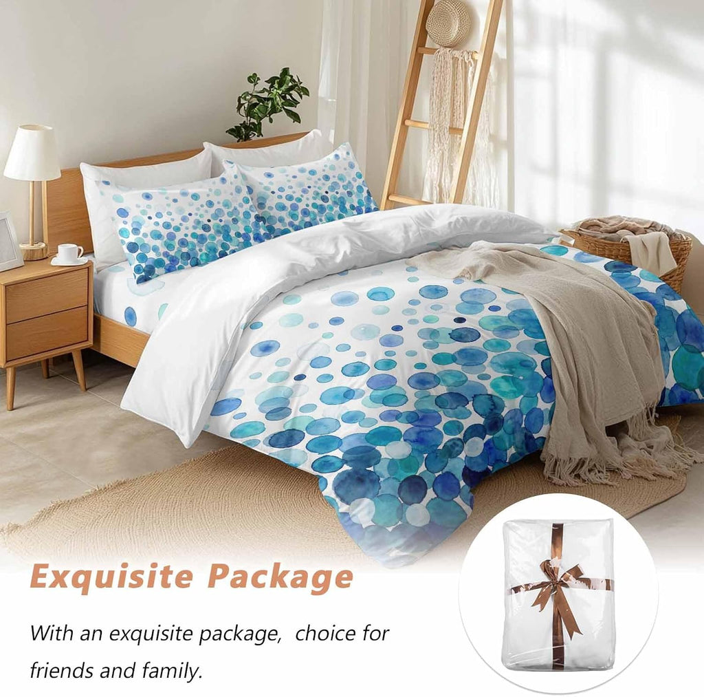 Prime Leader Blue Polka Dots Duvet Cover Set Queen Size 4 Pieces Watercolor Abstract Art Gradients Bedding Set with Zipper Closure, 1 Comforter Cover 90x92 Inches 1 Flat Sheet & 2 Pillow Cases