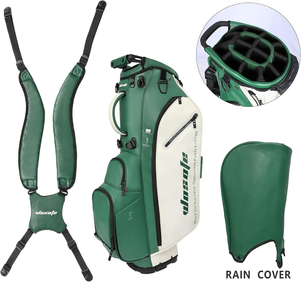 WOSOFE PU Golf Bag with 6/14 Way Top Dividers Automatically Adjustable Dual Straps Elegant Design for Men Women Pu Golf Stand Bag with Multiple Pockets