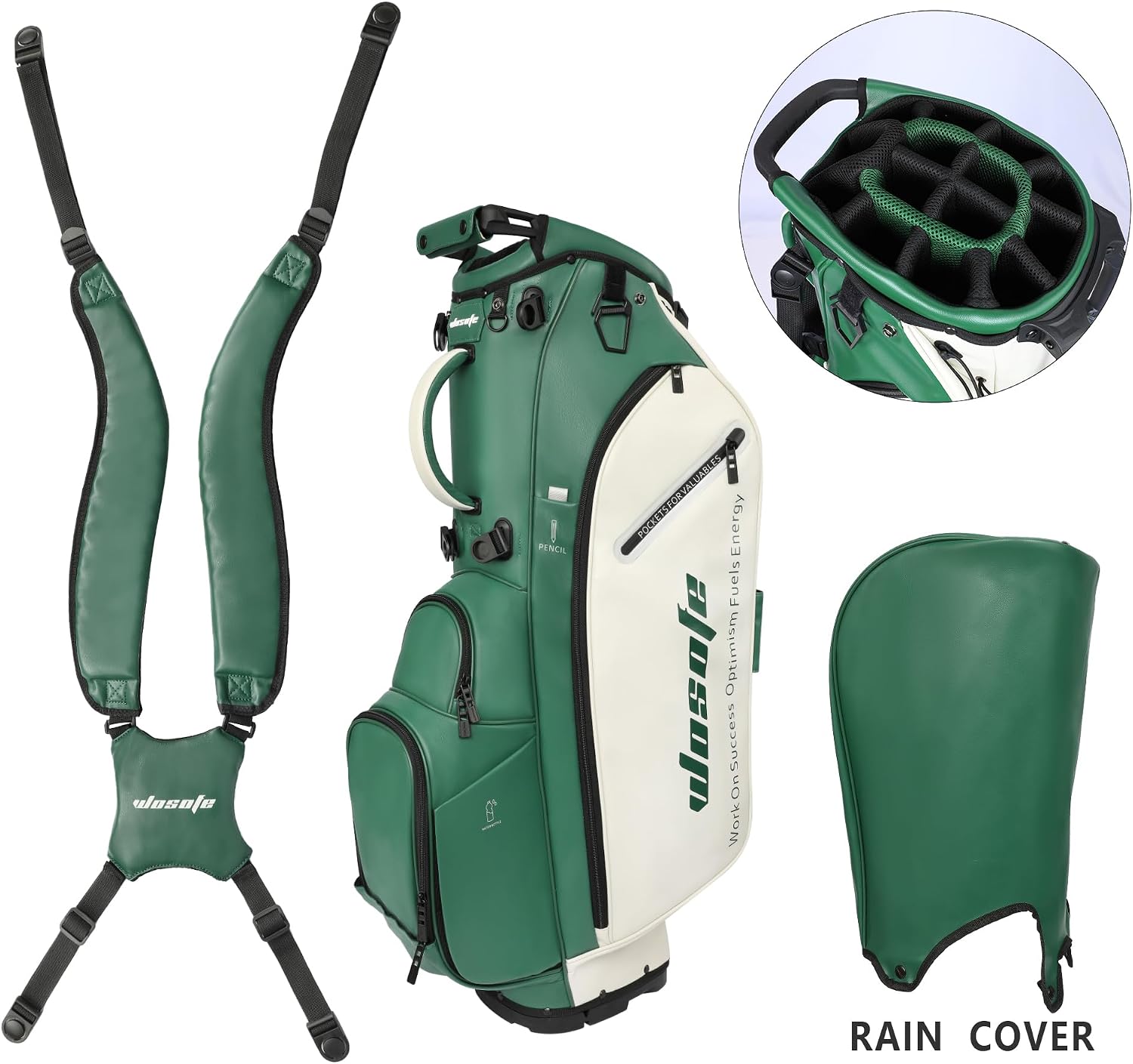 WOSOFE PU Golf Bag with 6/14 Way Top Dividers Automatically Adjustable Dual Straps Elegant Design for Men Women Pu Golf Stand Bag with Multiple Pockets