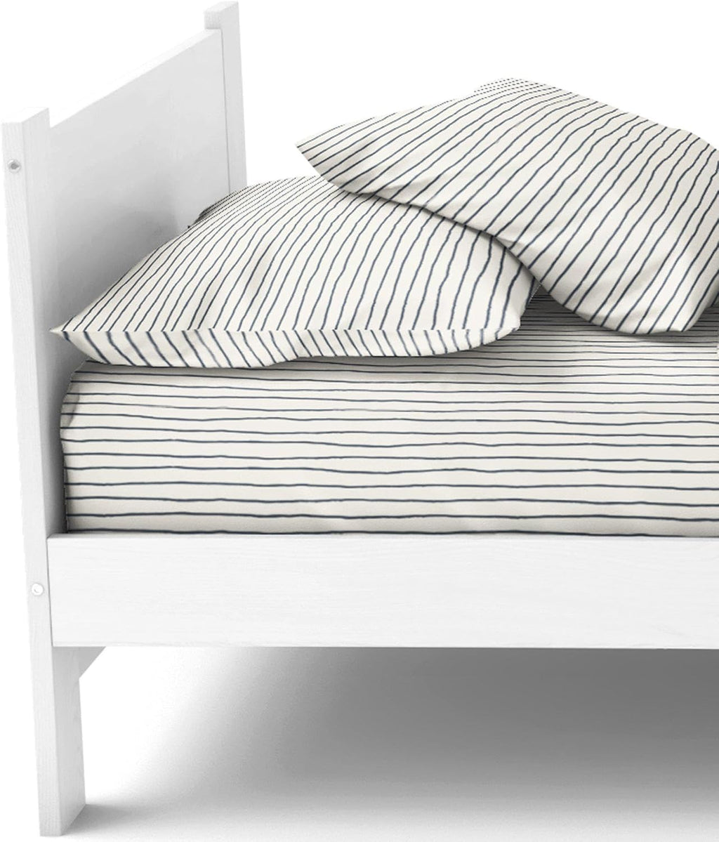 MakeMake Organics Organic Sheets (4 Piece) GOTS Certified Organic Cotton Queen Sheets Set Dreamy Soft Fitted Sheet Flat Sheet 2 Pillow Cases Kids Room (Queen, Blue Stripes)
