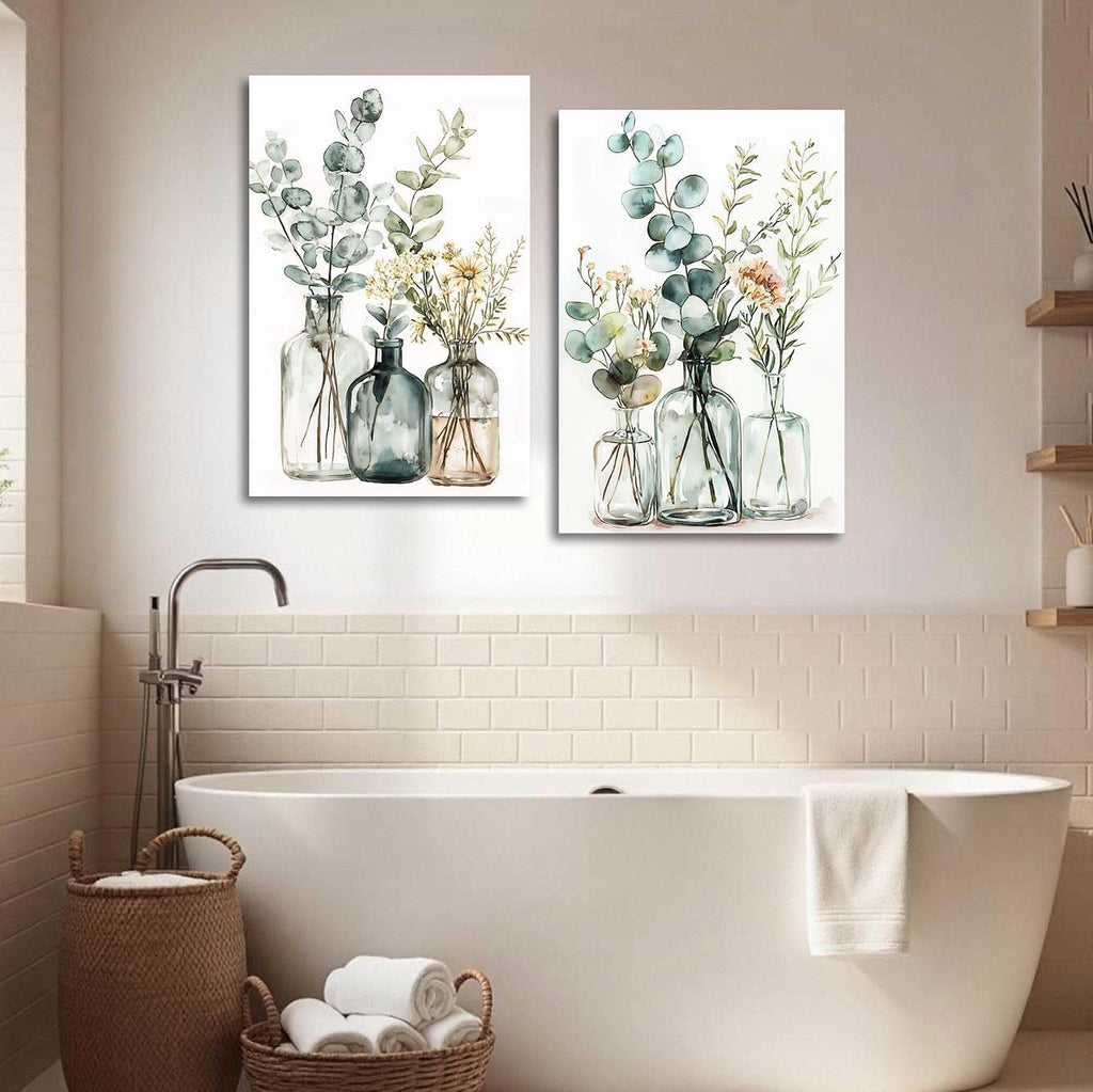 YMXDYMJSW 2 Piece Eucalyptus Sage Canvas Wall Art Green Floral Leaves Picture Prints Boho Wildflower Botanical Painting Sage Green Eucalyptus Plant Poster for Bathroom (24.00' x 36.00' x 2PCS)