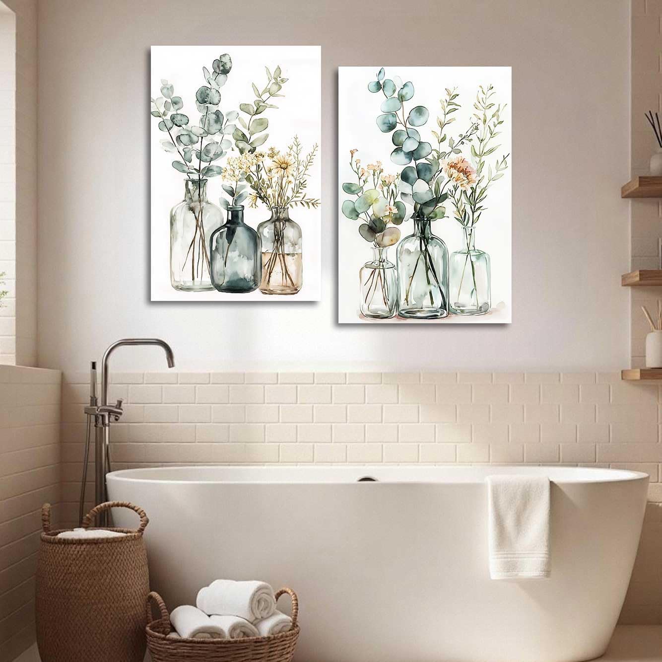 YMXDYMJSW 2 Piece Eucalyptus Sage Canvas Wall Art Green Floral Leaves Picture Prints Boho Wildflower Botanical Painting Sage Green Eucalyptus Plant Poster for Bathroom (24.00' x 36.00' x 2PCS)