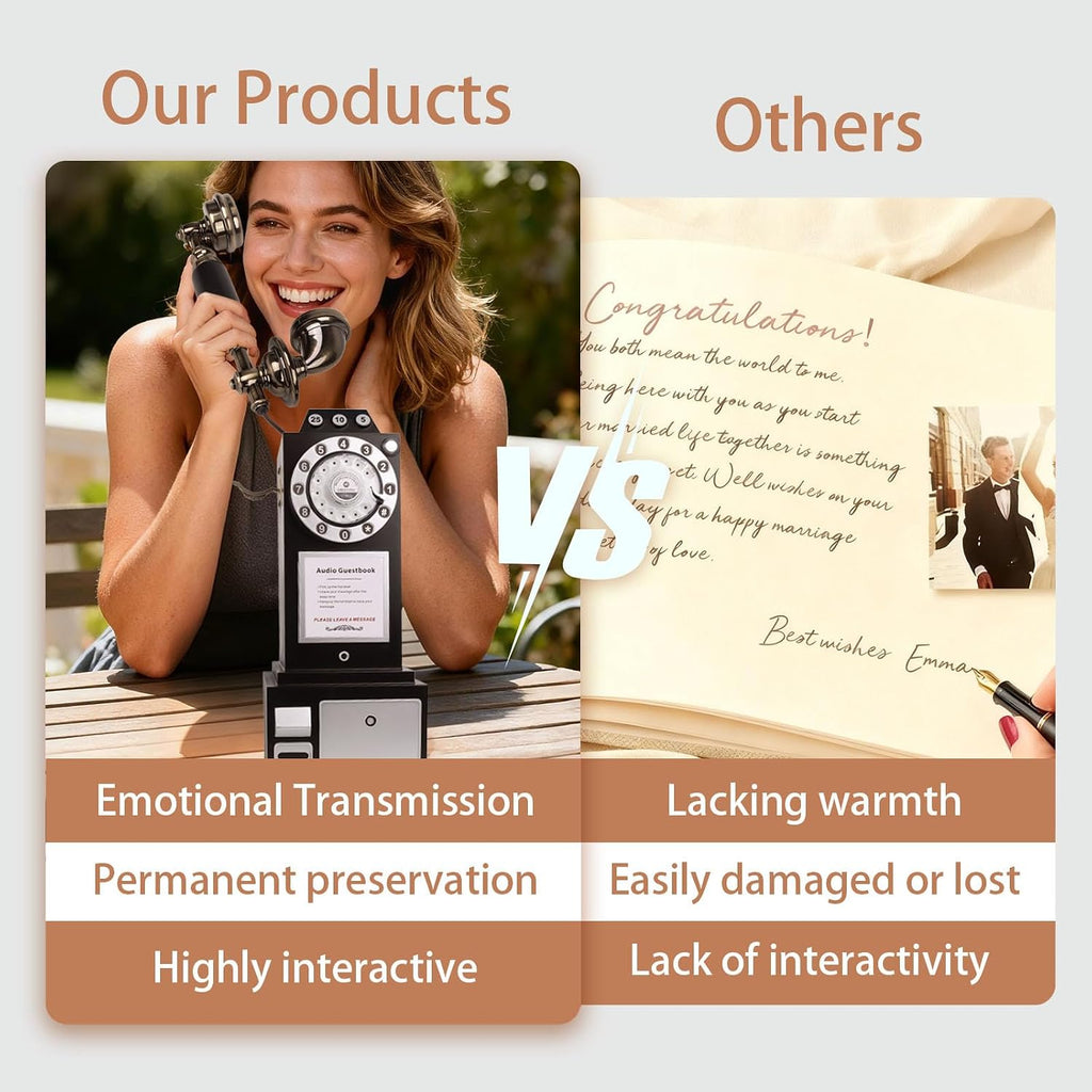Audio Guest Book Wedding Phone with Vintage Design, Record Customized Audio Message Guest Book for Wedding, Party and Gathering, Black
