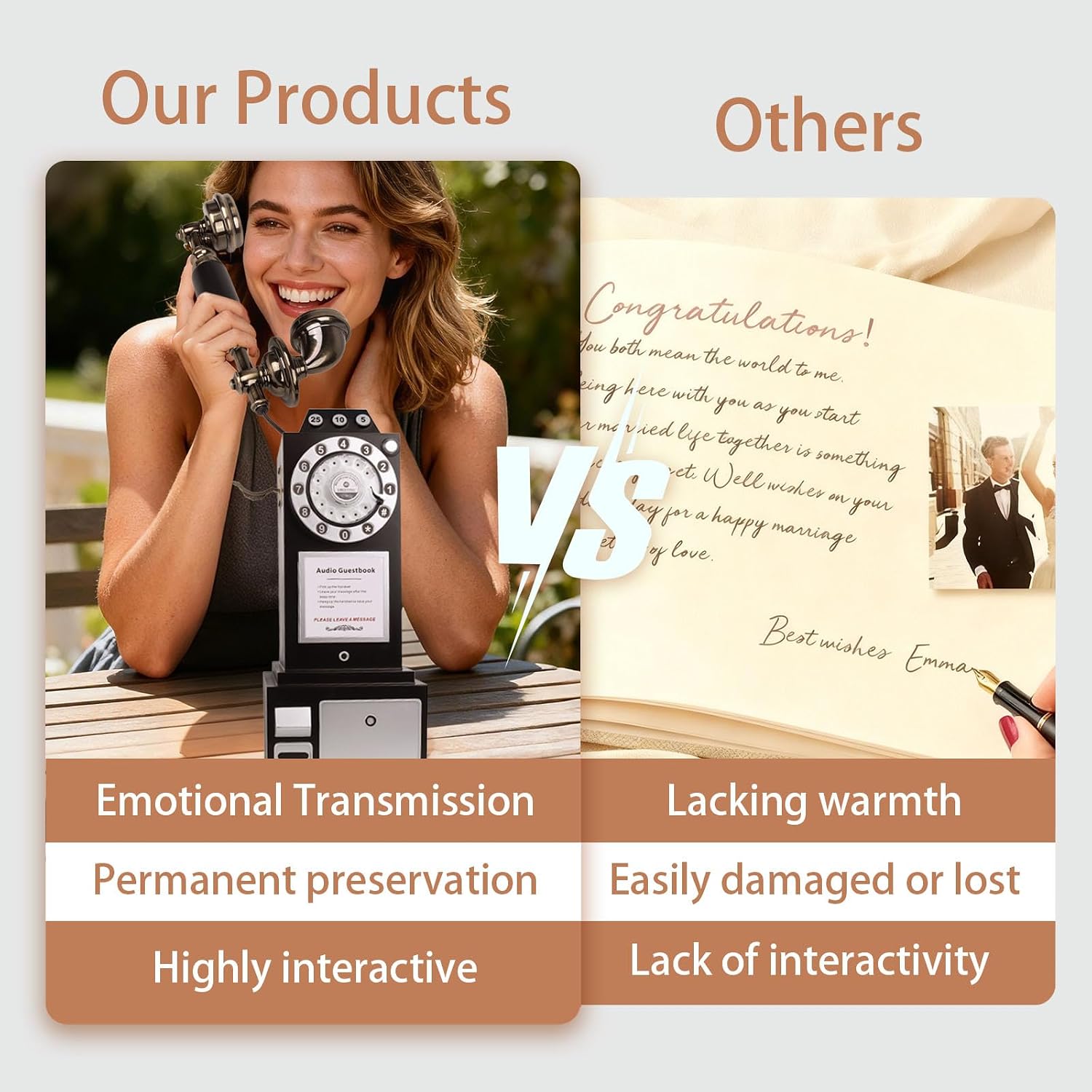 Audio Guest Book Wedding Phone with Vintage Design, Record Customized Audio Message Guest Book for Wedding, Party and Gathering, Black