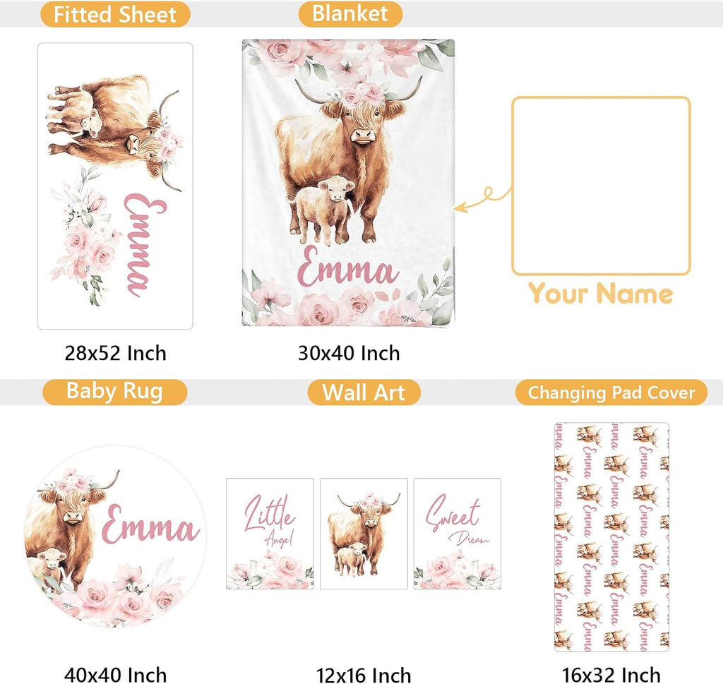 Terwex Personalized Baby Crib Bedding Set, 5 Pcs Custom Name Nursery Bedding Set, Pink Highland Cow Baby Bedding Set for Girl, Double Layer Baby Crib Sets, Customized Gifts for Toddlers Kids Infants